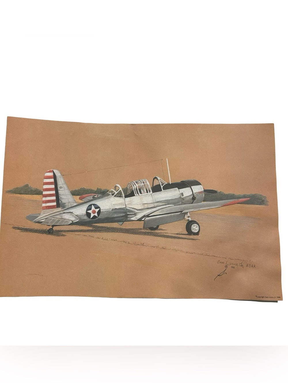 Sam Lyons Signed Vultee BT-13 Valiant Aviation Print 1988 WWII Art USAAF 17x11